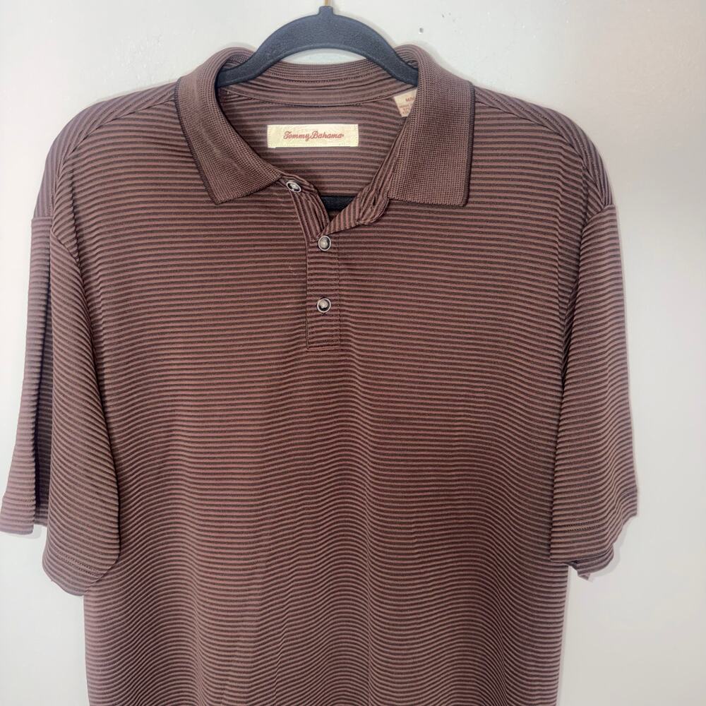 Tommy Bahama Mens Medium Brown Stripe Short Sleeve Golf Polo Business Casual